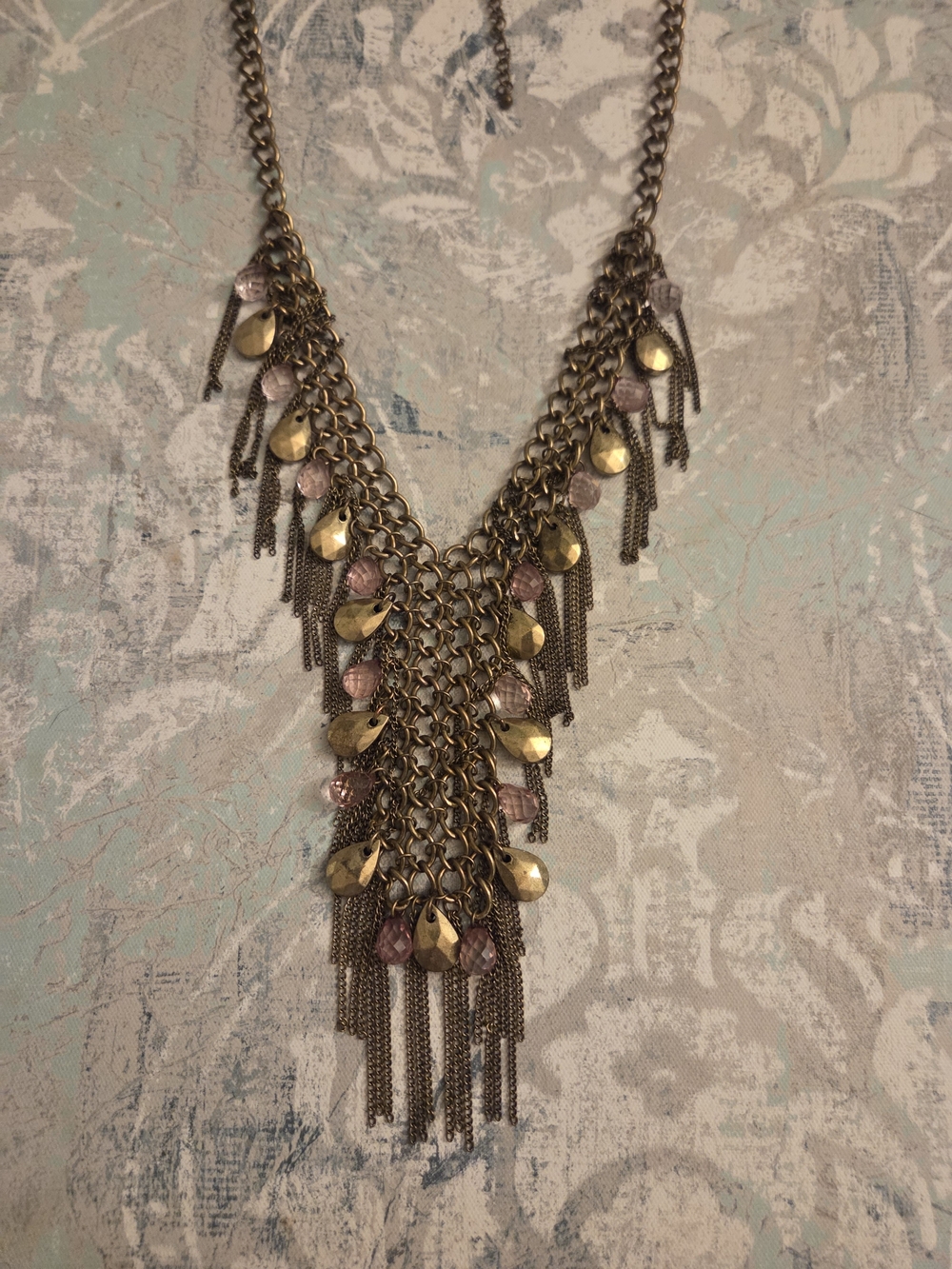 Statement Fringe Necklace with Gold-Tone Discs and Pink Stone Beads